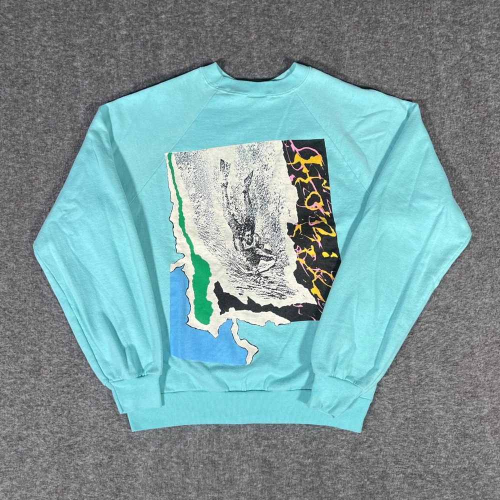 Vintage 80s Hobie Surf Sweatshirt Aqua Blue Graphic 1987 Raglan Mens Medium